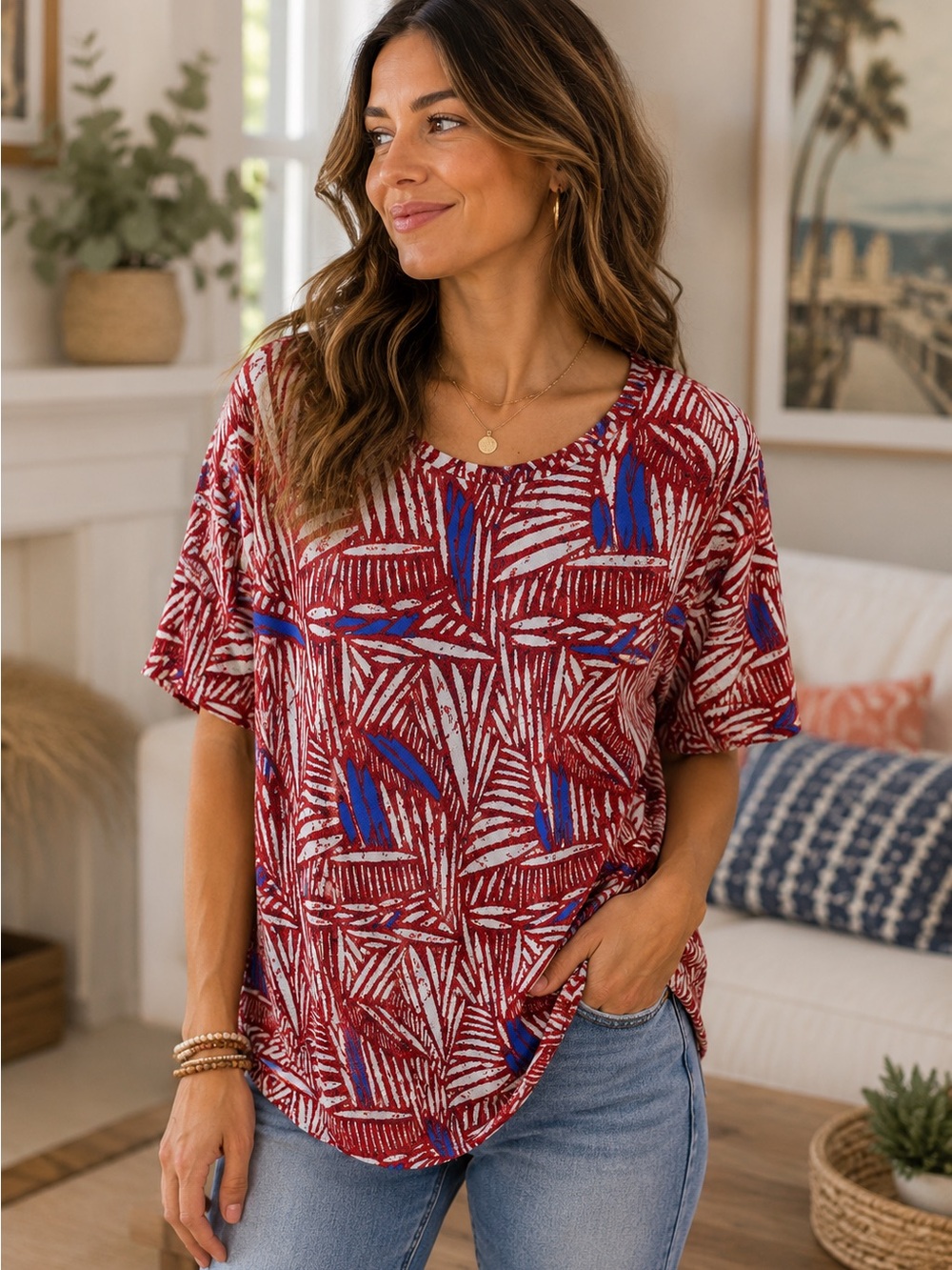 LuLaRoe Womens Irma Tunic Top Red Blue Abstract Print XXS New Stretch